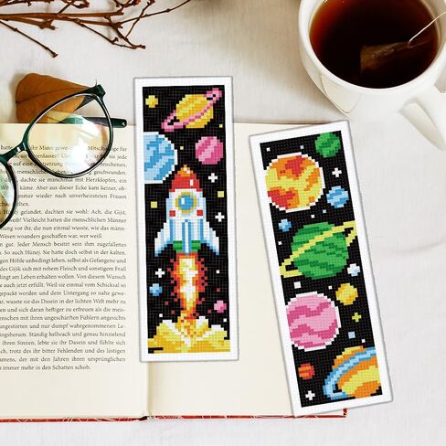 infunly 6pcs Space DIY Cross Stitch Borkmark Kits for Beginners Planets Sun Cross Stitch Kit مع التعليمات المطبوعة مسبقًا Rocket Stembered Stemmarky Kit لمحبي الكتب القراء كتاب الهدية in Kuwait