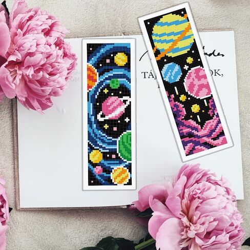 infunly 6pcs Space DIY Cross Stitch Borkmark Kits for Beginners Planets Sun Cross Stitch Kit مع التعليمات المطبوعة مسبقًا Rocket Stembered Stemmarky Kit لمحبي الكتب القراء كتاب الهدية in Kuwait