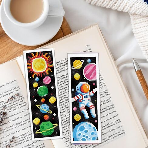 infunly 6pcs Space DIY Cross Stitch Borkmark Kits for Beginners Planets Sun Cross Stitch Kit مع التعليمات المطبوعة مسبقًا Rocket Stembered Stemmarky Kit لمحبي الكتب القراء كتاب الهدية in Kuwait