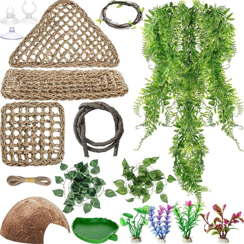 32 Pcs Bearded Dragon Tank Accessories Reptile Hammock Coconut Shell Nest Jungle Climber Vines Terrarium Branch Plant Feeder Habitat Decor for Hiding Climbing Snake Gecko Lizard Chameleon in Saudi Arabia