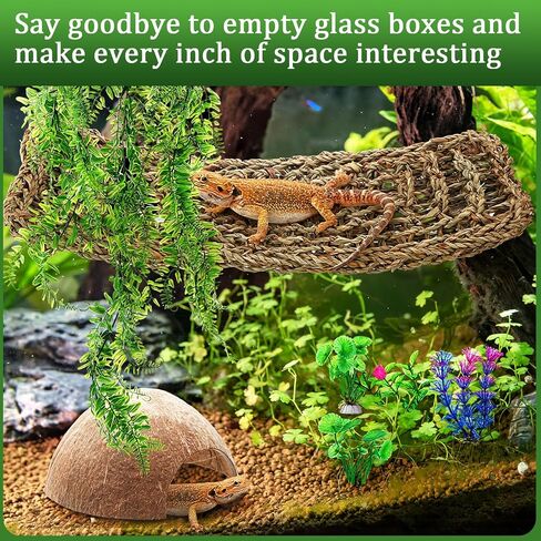 32 Pcs Bearded Dragon Tank Accessories Reptile Hammock Coconut Shell Nest Jungle Climber Vines Terrarium Branch Plant Feeder Habitat Decor for Hiding Climbing Snake Gecko Lizard Chameleon in Saudi Arabia