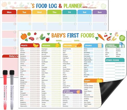 2 Pack Baby First Foods Legching ، 14 × 10 "مخطط طعام للأطفال مع 2 علامات مسح جافة ، أول تعقب الطعام في Magnetic Baby ومخطط وجبة الطعام اليومية ، 101 الأطعمة قبل 1 قائمة مراجعة مغناطيس للثلاجة in Kuwait