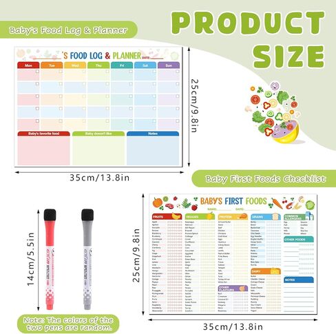 2 Pack Baby First Foods Legching ، 14 × 10 "مخطط طعام للأطفال مع 2 علامات مسح جافة ، أول تعقب الطعام في Magnetic Baby ومخطط وجبة الطعام اليومية ، 101 الأطعمة قبل 1 قائمة مراجعة مغناطيس للثلاجة in Kuwait
