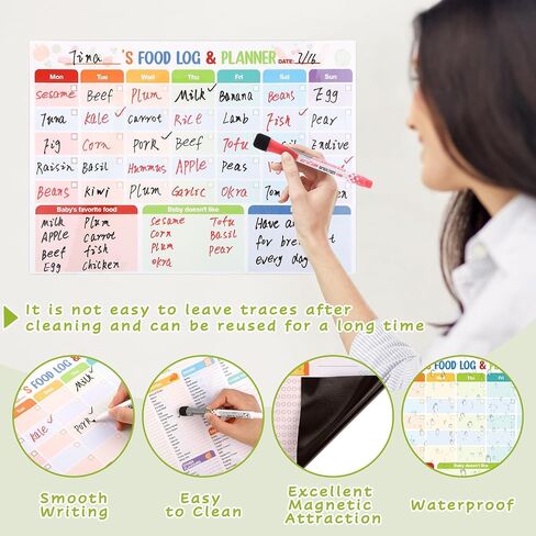 2 Pack Baby First Foods Legching ، 14 × 10 "مخطط طعام للأطفال مع 2 علامات مسح جافة ، أول تعقب الطعام في Magnetic Baby ومخطط وجبة الطعام اليومية ، 101 الأطعمة قبل 1 قائمة مراجعة مغناطيس للثلاجة in Kuwait