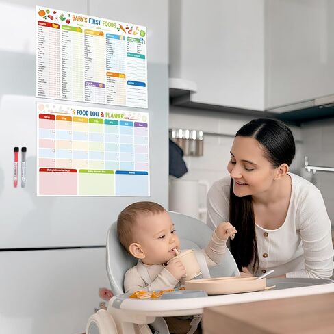 2 Pack Baby First Foods Legching ، 14 × 10 "مخطط طعام للأطفال مع 2 علامات مسح جافة ، أول تعقب الطعام في Magnetic Baby ومخطط وجبة الطعام اليومية ، 101 الأطعمة قبل 1 قائمة مراجعة مغناطيس للثلاجة in Kuwait