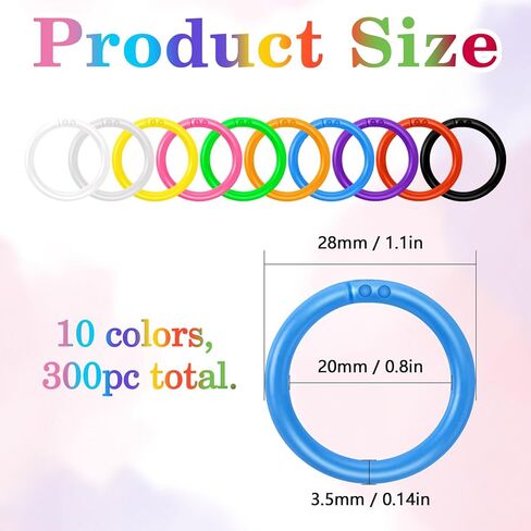 300 PCS حلقات موثق بلاستيكية مرنة ، حلقات أوراق فضفاضة 20 مم للكتب ، وبطاقات الفهرس ، والوثائق والمستلزمات المكتبية مقاطع منظمة متينة لمشاريع المنزل والمدارس والحرف (10 ألوان) in Kuwait