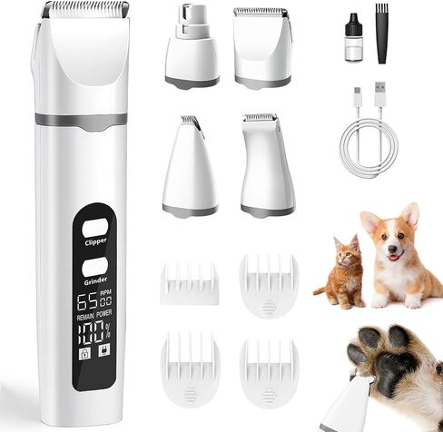 4 in 1 Dog Clippers Grooming Kit with LED Screen, Cordless Quiet Paw Trimmer & Nail Grinder, Rechargeable Waterproof Feet Ear Body Hair Shaver for Cats Dogs Pet Supplies in Saudi Arabia