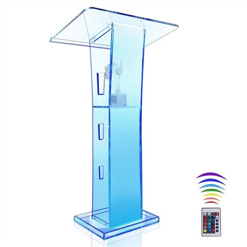 Acrylic Podium Stand, 43" Pulpit for Churches with 15 Colors Adjustable, Modern Lectern with Storage Shelf for Classroom, Conference, Wedding and More (23.62"x 15.75"X 43.3") in Saudi Arabia