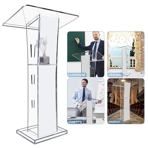 Acrylic Podium Stand, 43" Pulpit for Churches with 15 Colors Adjustable, Modern Lectern with Storage Shelf for Classroom, Conference, Wedding and More (23.62"x 15.75"X 43.3") in Saudi Arabia