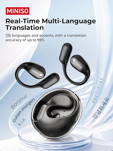 MINISO MS190 Language Translator Earbuds, AI Translation Earbuds Real Time with 135 Languages, Bluetooth 6.0, LED Display, Open-Ear Translation Headphones with APP, 60Hrs Playtime for Business in Kuwait