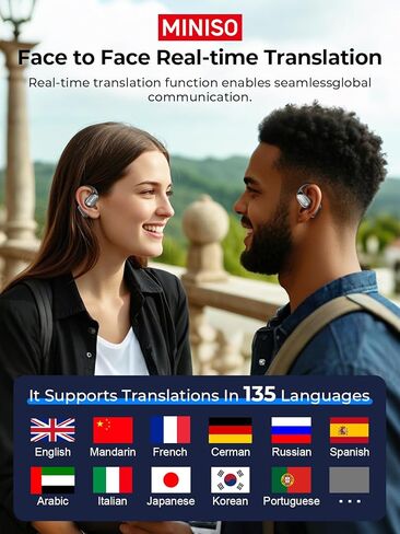 MINISO MS190 Language Translator Earbuds, AI Translation Earbuds Real Time with 135 Languages, Bluetooth 6.0, LED Display, Open-Ear Translation Headphones with APP, 60Hrs Playtime for Business in Kuwait