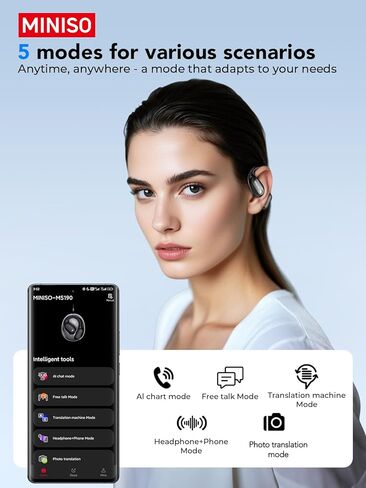 MINISO MS190 Language Translator Earbuds, AI Translation Earbuds Real Time with 135 Languages, Bluetooth 6.0, LED Display, Open-Ear Translation Headphones with APP, 60Hrs Playtime for Business in Kuwait