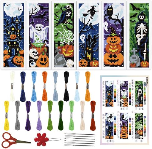 Origach 6 Set Halloween Cross Stitch Stitch مجموعة مرجعية للمبتدئين مع دعم تعليمات الخيط المحسوسة هيكل العظمي Ghost Witches Pumpkin DIY مجموعة مرجعية للتطريز للبالغين ، عشاق الكتب in Saudi Arabia
