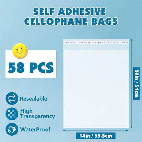 NUITPY 58 Pcs Clear Cellophane Bags, 14x20 Inch Resealable Poly Bag, Self Sealing Shirt Bags, Clear Bag for Clothes, magazine, postcard in Saudi Arabia