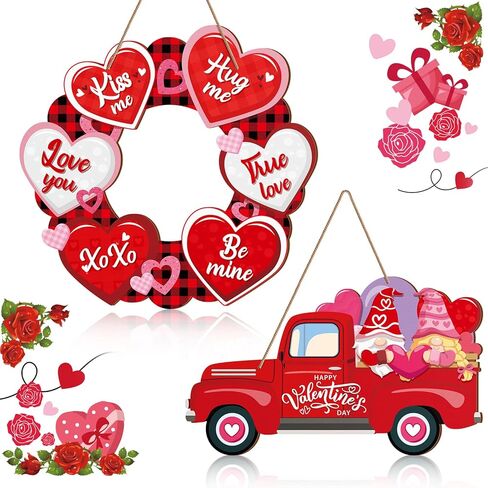 2 Pieces Valentines Day Door Sign Wooden Happy Valentines Day Sign Hanging Valentines Day Truck Decor Heart Shaped Valentines Door Hanger Buffalo Plaid Wooden Wall Decoration for Outdoor Front Door in Saudi Arabia