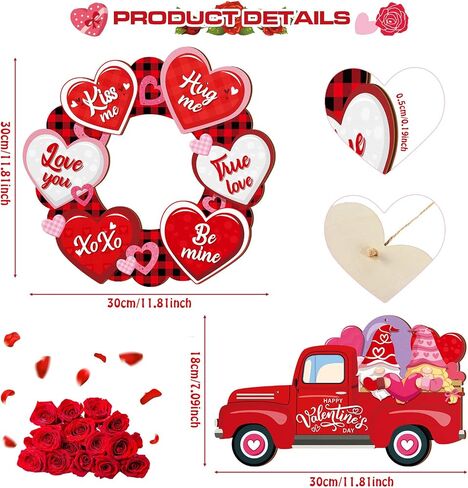 2 Pieces Valentines Day Door Sign Wooden Happy Valentines Day Sign Hanging Valentines Day Truck Decor Heart Shaped Valentines Door Hanger Buffalo Plaid Wooden Wall Decoration for Outdoor Front Door in Saudi Arabia