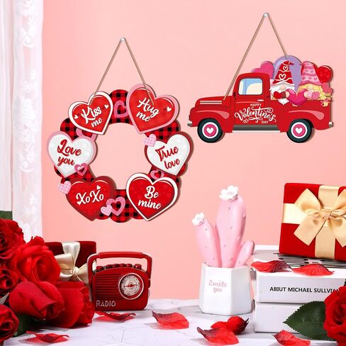 2 Pieces Valentines Day Door Sign Wooden Happy Valentines Day Sign Hanging Valentines Day Truck Decor Heart Shaped Valentines Door Hanger Buffalo Plaid Wooden Wall Decoration for Outdoor Front Door in Saudi Arabia