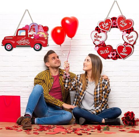 2 Pieces Valentines Day Door Sign Wooden Happy Valentines Day Sign Hanging Valentines Day Truck Decor Heart Shaped Valentines Door Hanger Buffalo Plaid Wooden Wall Decoration for Outdoor Front Door in Saudi Arabia