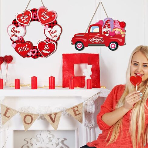 2 Pieces Valentines Day Door Sign Wooden Happy Valentines Day Sign Hanging Valentines Day Truck Decor Heart Shaped Valentines Door Hanger Buffalo Plaid Wooden Wall Decoration for Outdoor Front Door in Saudi Arabia