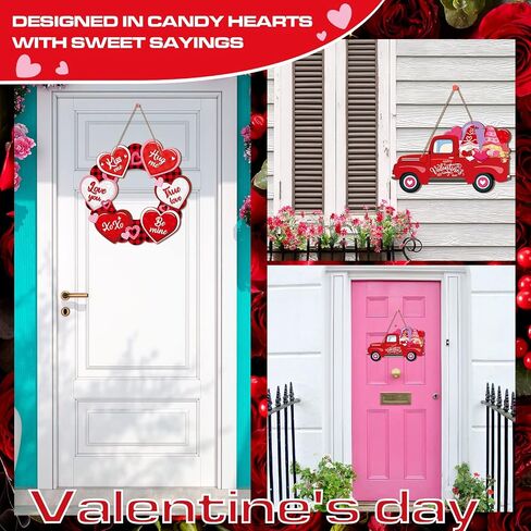 2 Pieces Valentines Day Door Sign Wooden Happy Valentines Day Sign Hanging Valentines Day Truck Decor Heart Shaped Valentines Door Hanger Buffalo Plaid Wooden Wall Decoration for Outdoor Front Door in Saudi Arabia