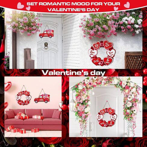 2 Pieces Valentines Day Door Sign Wooden Happy Valentines Day Sign Hanging Valentines Day Truck Decor Heart Shaped Valentines Door Hanger Buffalo Plaid Wooden Wall Decoration for Outdoor Front Door in Saudi Arabia