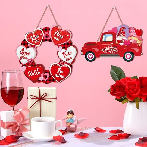 2 Pieces Valentines Day Door Sign Wooden Happy Valentines Day Sign Hanging Valentines Day Truck Decor Heart Shaped Valentines Door Hanger Buffalo Plaid Wooden Wall Decoration for Outdoor Front Door in Saudi Arabia