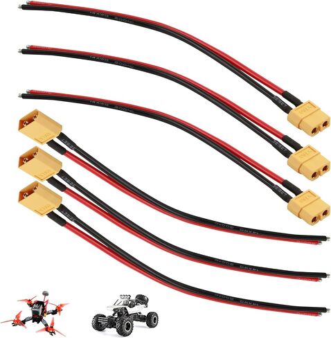 6 PCS XT60 CONCETR COLLECT مع خيوط مصفاة وخيوط المقبس ، محول موصل XT60 مع سلك سيليكون مرن للغاية 12AWG 100 مم ، مناسب للطائرة بدون طيار بطارية LIPO RC ، سيارة ، قارب in Kuwait