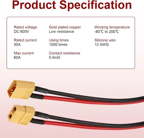 6 PCS XT60 CONCETR COLLECT مع خيوط مصفاة وخيوط المقبس ، محول موصل XT60 مع سلك سيليكون مرن للغاية 12AWG 100 مم ، مناسب للطائرة بدون طيار بطارية LIPO RC ، سيارة ، قارب in Kuwait