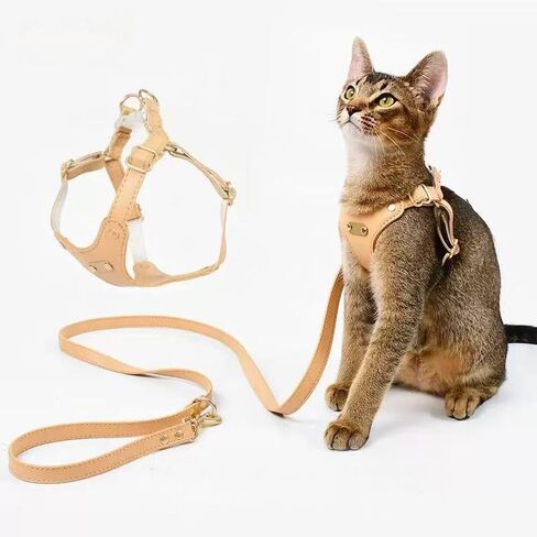تسخير قطة Loudik Leather Cat ومجموعة المقود ، 6 ألوان متوفرة ، سترة قابلة للتعديل للحيوانات الأليفة مع القوس ، مقاومة للماء ، أحجام S/M ، مقود 120 سم (مجموعة كاملة - بني ، M （6-10 كجم）) in Kuwait