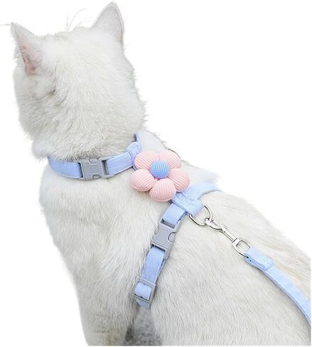 Adjustable Breathable Cat Harness with Flower Design - Anti-Break Fashionable Leash Set for Small Dogs and Cats(Blue with Leash,S) in Kuwait