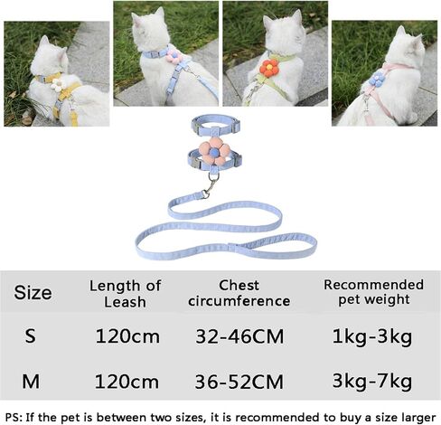 Adjustable Breathable Cat Harness with Flower Design - Anti-Break Fashionable Leash Set for Small Dogs and Cats(Blue with Leash,S) in Kuwait