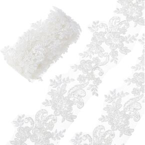 DICOSMETIC 2Yards x 2-1/2 Inch(63mm) White Embroidery Lace Appliques Luxury Lace Trim Patches Rhinestone Beaded Flower Embroidery Trim for Wedding Clothing Embellishments in Kuwait