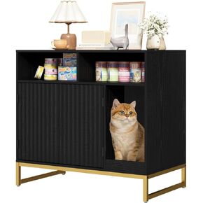 Cat Litter Box Enclosure, Large Hidden Pet Storage Cabinet Furniture with Waveform Fluted Doors & Scratching Pad, Modern Wooden Cat House Indoor for Washroom, Living Room, Bedroom, Natural in Saudi Arabia