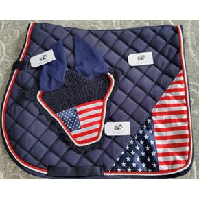 Navy Blue Horse/Full USA American Flag All Guphing English Saddle Pad with Fly Bonnet Bonnet Net Net Fly Veil ، Full/Horse in Kuwait