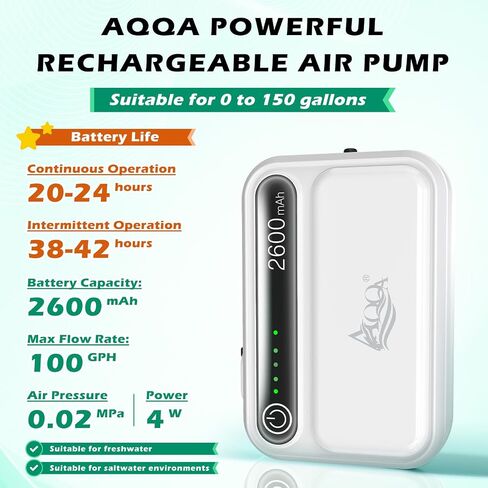 AQQA USB Aquarium Air Pump - Aerator قابلة لإعادة الشحن المحمولة لدلو الطعم ، 4W/6W بطارية مضخة الهواء مضخة حوض السمك ، ومضخة هواء أسماك هادئة مضخة الأكسجين مقابل 0-150 جالون (4W) in Saudi Arabia