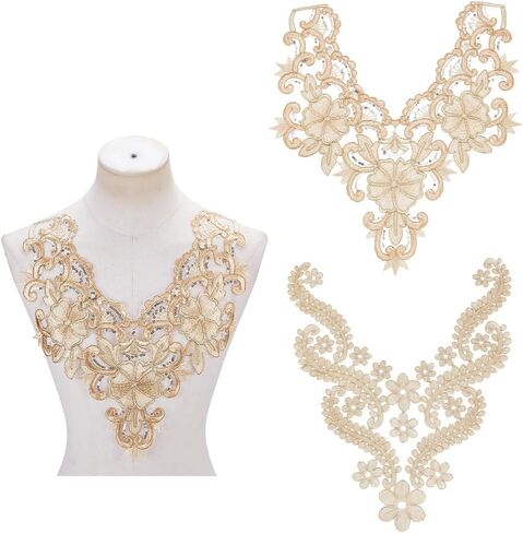 arricraft 2 Pcs Gold 3D Applique Flowers Lace Patch, 2 Styles Embroidery Lace Collar Fabric Trim Applique Sew On Flower Fabric Collar Patch for DIY Wedding Dress Decor in Saudi Arabia