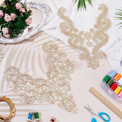 arricraft 2 Pcs Gold 3D Applique Flowers Lace Patch, 2 Styles Embroidery Lace Collar Fabric Trim Applique Sew On Flower Fabric Collar Patch for DIY Wedding Dress Decor in Saudi Arabia