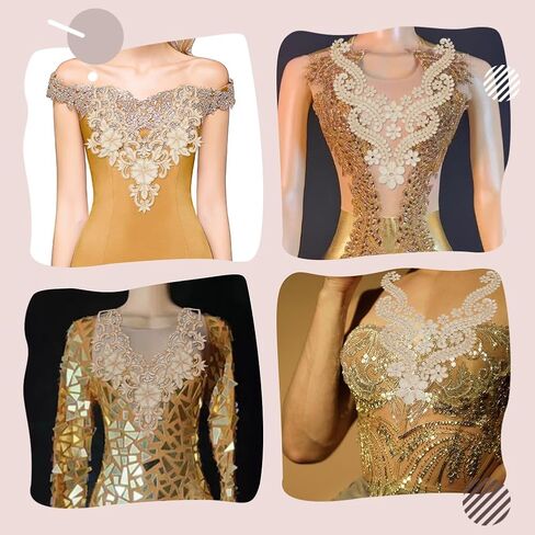 arricraft 2 Pcs Gold 3D Applique Flowers Lace Patch, 2 Styles Embroidery Lace Collar Fabric Trim Applique Sew On Flower Fabric Collar Patch for DIY Wedding Dress Decor in Saudi Arabia