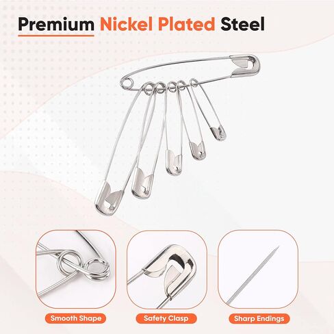 250x Safety Pins Assorted 4-Sizes - Strong Nickel Plated Steel, Rust Resistant - Small Safety Pins for Clothes and Ideal for Art & Crafts, DIY, Pinning, Hemming, Dressmaking, Sewing and More in Saudi Arabia