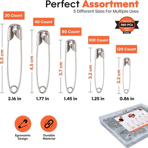 250x Safety Pins Assorted 4-Sizes - Strong Nickel Plated Steel, Rust Resistant - Small Safety Pins for Clothes and Ideal for Art & Crafts, DIY, Pinning, Hemming, Dressmaking, Sewing and More in Saudi Arabia