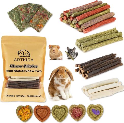 65PCS Rabbit Bunny Guinea Pig Chew Toys Treats, Chinchilla Hamster Chews Toys for Teeth, Timothy Hay Chips Treats Sticks for Rabbit Guinea Pig Chinchilla Hamster Rat in Saudi Arabia