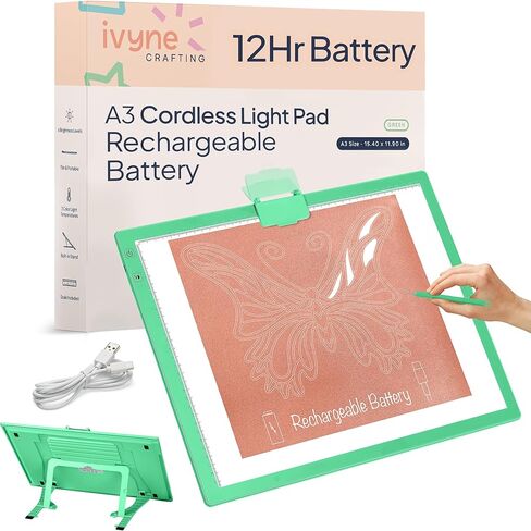 iVyne Rechargeable A3 Light Pad for Diamond Painting - LED Light Board for Weeding & Tracing - Diamond Art Light Pad - Ultra-Thin & Portable - Perfect for Artists & Crafters - Green in Kuwait
