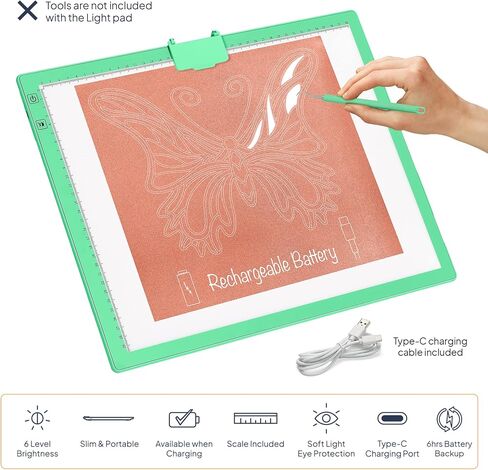 iVyne Rechargeable A3 Light Pad for Diamond Painting - LED Light Board for Weeding & Tracing - Diamond Art Light Pad - Ultra-Thin & Portable - Perfect for Artists & Crafters - Green in Kuwait