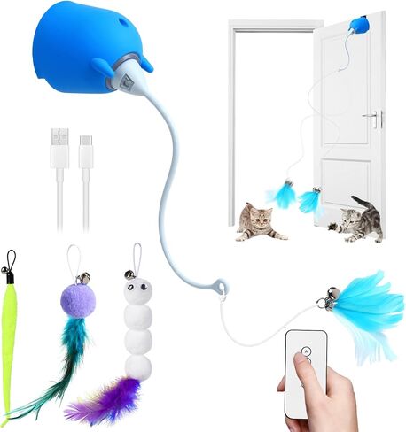 Cat Toys Interactive for Indoor Cats, Rechargeable Toy Hanging Door Electric with 4pcs Feathers Toys for Bored Kittens (Blue) in Saudi Arabia