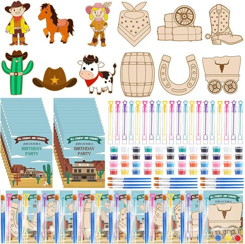 Viorawhite 24 مجموعة حفلة عيد ميلاد الحرف تشمل 24 أجهزة كمبيوتر DIY طلاء فني خشبي 24 PCS Bubble Wand 24 هدية بطاقة تلوين الخشب هدية واستحوذ على لوازم الفصول الدراسية (Western Cowboy Cowgirl) in Kuwait