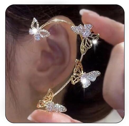 BETHYNAS Glitter Rhinestone Butterfly Flower Ear Cuff Sparkly Non-Pierced Crystal Tassel Fake Earrings Climber Lady Ear Wrap Bridal Party Ear Jewelry for Women and Girls in Kuwait