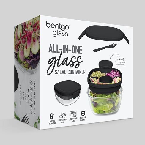 حاوية سلطة زجاجية الكل في واحد من Bentgo® - وعاء سلطة كبير سعة 61 أونصة، وصينية على شكل بينتو مكونة من 4 أقسام للطبقة، وحاوية صلصة سعة 3 أونصة للضمادات، وشوكة مدمجة قابلة لإعادة الاستخدام (لافندر) in Kuwait