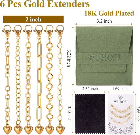 6 Pcs 18K Gold Plated Necklace Extender for Women, 2" Chains Extenders for Necklace, Gold Necklace Bracelet Extender with Charm for Jewelry in Kuwait