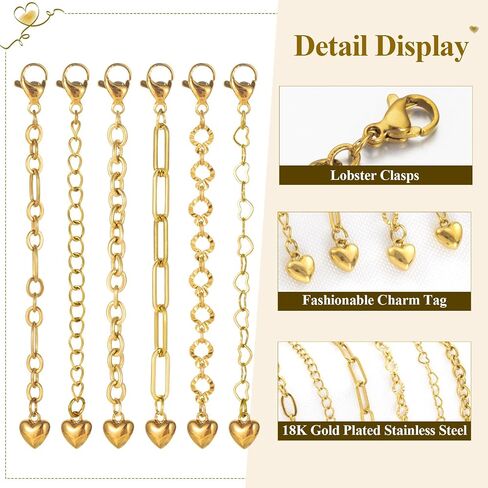 6 Pcs 18K Gold Plated Necklace Extender for Women, 2" Chains Extenders for Necklace, Gold Necklace Bracelet Extender with Charm for Jewelry in Kuwait