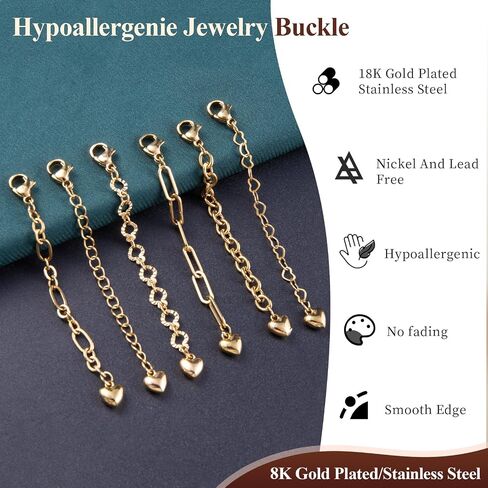 6 Pcs 18K Gold Plated Necklace Extender for Women, 2" Chains Extenders for Necklace, Gold Necklace Bracelet Extender with Charm for Jewelry in Kuwait